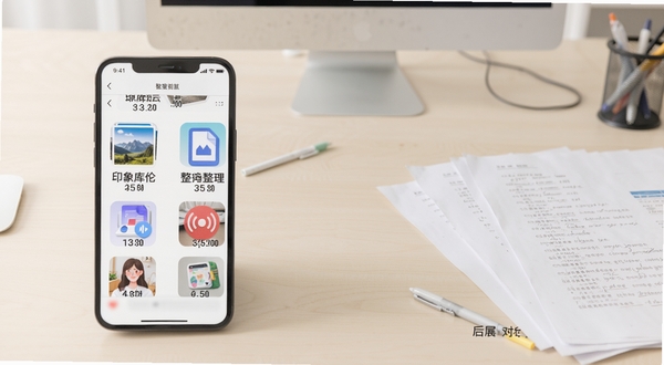 印象库伦云智能分类功能截图,手机界面中展示图片、文档、音频等分类图标,每个图标下方标注数量,背景为浅色办公桌面,旁边散落几份纸质文件,体现整理前后的对比感,画面明亮清晰