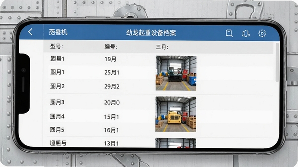 劲龙起重设备档案功能截图，手机界面显示起重机详细信息列表，包含型号、编号、照片，背景为浅灰色工业风格，界面设计简洁清晰，突出数据管理概念