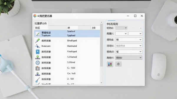 拖把更名器主界面预览图，展示批量文件列表与命名规则设置面板，背景为浅灰色桌面环境，软件窗口居中，图标清晰，整体风格简洁明亮
