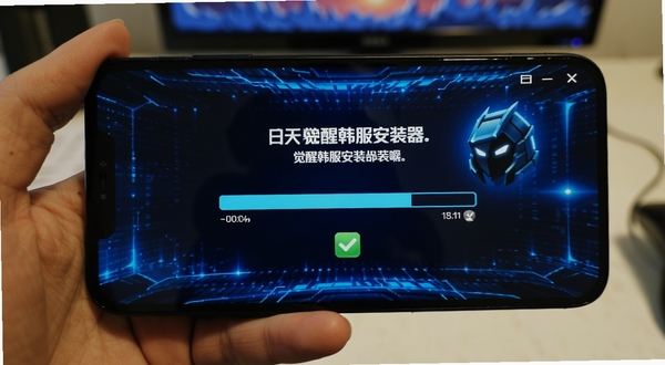 日蚀:觉醒韩服安装器 一键部署界面 手机屏幕显示安装进度条和完成勾选标记 科技感蓝色调