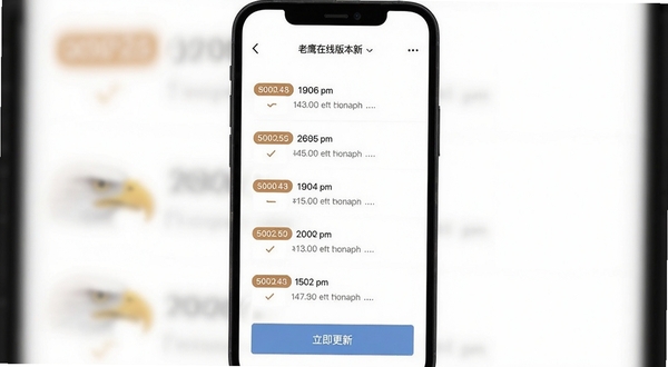 老鹰在线版本更新界面截图,画面展示手机屏幕上的更新日志列表,每条记录前带有版本号标签,背景为纯白简洁风格,主体位于画面中央偏上,底部有“立即更新”按钮