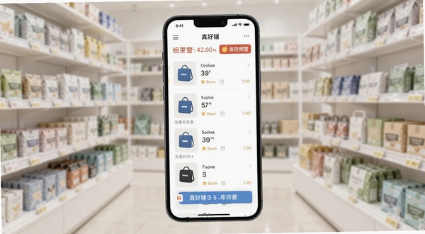 真好铺商品管理界面在手机屏幕上展示,画面中央为商品列表与库存预警标签,背景为整洁的店铺货架虚化效果,光线明亮柔和,突出应用功能细节
