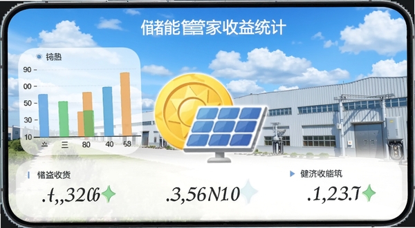 储能管家收益统计页面,手机屏幕中显示柱状图与数字金额,画面中央为金币与太阳能板组合图标,背景为蓝天白云下的工商业厂房,整体色调明亮,突出经济收益主题