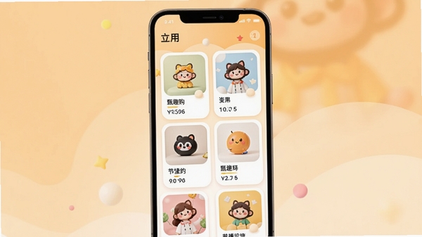 甄趣购购物应用主界面预览图,手机屏幕展示商品瀑布流,背景为温暖的浅橙色渐变,商品卡片圆润,界面简洁现代,整体风格明亮活泼,突出移动购物的便捷与愉悦感