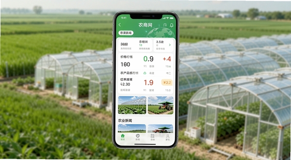 展示农商网APP主界面,手机屏幕中清晰显示农产品价格行情列表和农业新闻资讯卡片,背景为绿色田野和现代化农业大棚,整体画面明亮清晰,突出农业科技感与实用性,画面中心为APP界面特写,背景虚化处理,适配Boogu模型生成