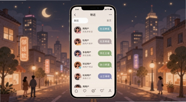 邻话软件主界面展示，手机屏幕中央显示附近用户列表和聊天气泡，背景是温馨的城市夜景插画风格，整体色调柔和不刺眼，突出社交氛围