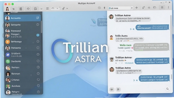 Trillian Astra 主界面截图,左侧账户列表,右侧聊天窗口,整体风格现代简洁,色彩清新,突出多账户聚合功能,画面中心为软件Logo,背景为淡蓝色渐变