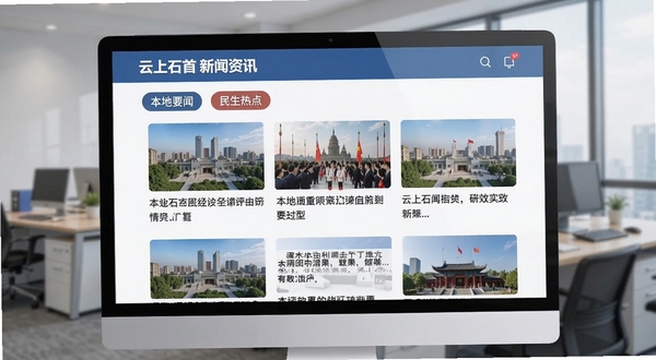 云上石首新闻资讯页面截图风格图,界面展示图文并茂的新闻列表,配有分类标签如“本地要闻”“民生热点”,背景为办公室场景,体现高效获取信息的氛围