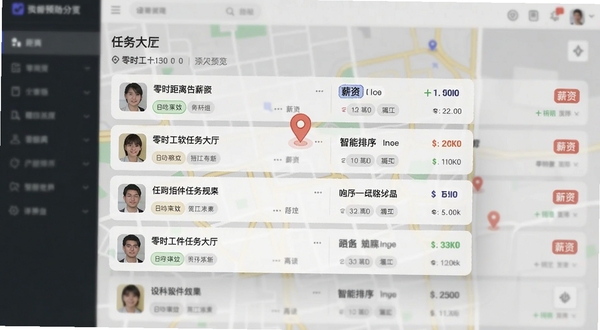 零时工软件任务大厅功能预览图,展示带有距离标签和薪资标签的列表项,背景虚化处理,突出地图定位与智能排序的界面元素,风格写实清晰