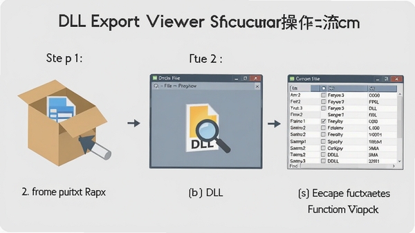 一张关于DLL Export Viewer软件操作流程的说明图,画面分为三个步骤,第一步显示从压缩包解压文件,第二步显示拖拽DLL文件到软件窗口,第三步显示表格中成功列出函数信息,整体风格为扁平化图标加简洁文字说明,背景为浅灰色,色调统一