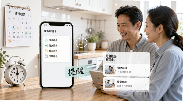 家人有伴生活助手功能展示，包含待办清单与提醒卡片，以及周边服务推荐列表，界面干净整洁，背景为明亮厨房或客厅，有日历与闹钟元素，体现便捷与关怀。
