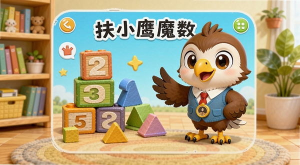 扶小鹰魔数是一款儿童数学启蒙软件,画面色彩明快,主界面展示卡通小鹰老师与数字积木、几何图形元素,背景为温馨的儿童书房,有书架和绿植,整体风格可爱、教育感强,高清渲染,适合儿童应用商店展示