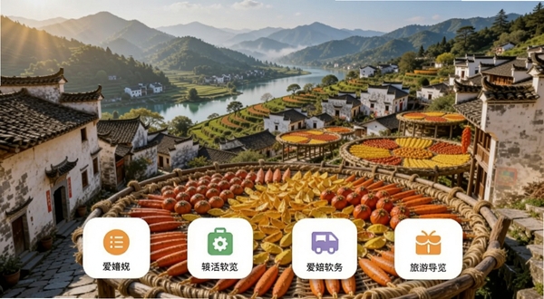 爱婺源软件主界面预览图,画面中央为婺源篁岭晒秋的壮丽景色,前景有简洁的功能图标悬浮,整体色调明亮温暖,突出软件的生活服务与旅游导览属性,背景为徽派建筑与青山绿水,适配移动端竖屏展示