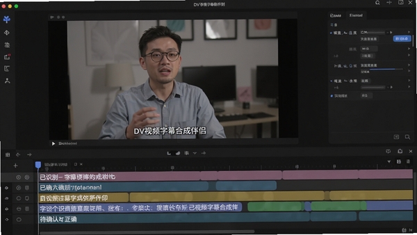 展示DV视频字幕合成伴侣进行智能字幕识别的过程,画面中视频预览窗口正在播放人物讲话片段,下方字幕轨道自动生成多条字幕条,并用不同颜色标注已识别和待确认的字幕,背景为深色工作界面