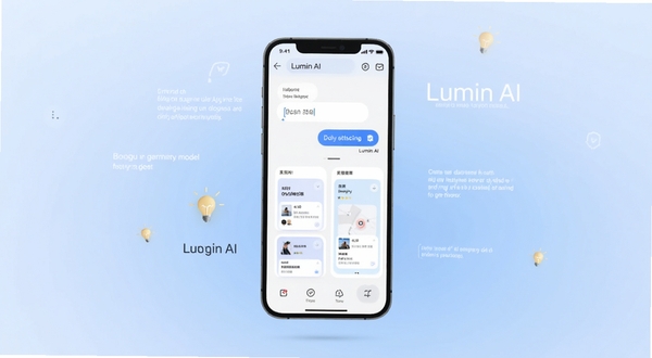 Lumin AI 软件主界面展示，手机屏幕居中，背景为淡蓝色渐变，界面中显示智能对话输入框与灵感卡片，周围漂浮着文字与灯泡图标，整体风格简洁科技感，适配Boogu模型生成