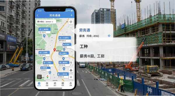 劳务通附近招工功能界面,手机地图上标注多个招工岗位位置点,旁边弹出岗位卡片显示薪资与工种信息,背景为城市街道与建筑工地场景,画面风格写实清晰,体现劳务通定位找活功能