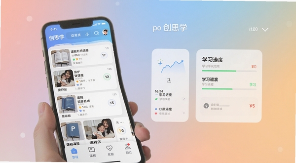 创思学 app 主界面预览图,展示课程列表与学习进度卡片,背景采用柔和的渐变色,前景突出移动端学习场景,画面明亮清晰