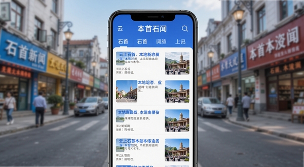 手机界面展示云上石首新闻资讯板块,列表中有多条本地新闻标题和配图,顶部有分类导航栏,整体风格简洁,以蓝色为主色调,背景为虚化的石首城市街景,画面清晰明亮,体现资讯的丰富与及时。