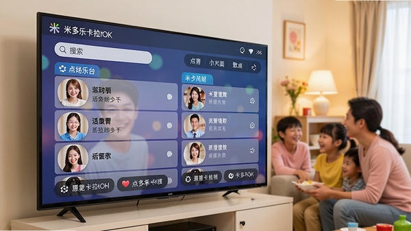 米多乐卡拉OK主界面截图，客厅大屏电视上显示点歌台界面，背景为温馨家庭聚会场景，界面清晰展示搜索框和歌曲列表，画面明亮，色彩鲜艳，风格写实