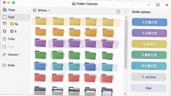 展示Folder Colorizer软件主界面的插画，界面中有一个清晰的文件夹列表，多个文件夹被不同颜色高亮标记，右侧有批量处理的按钮选项，整体界面设计简洁现代，色彩丰富，强调软件在批量管理文件夹颜色方面的高效能力。