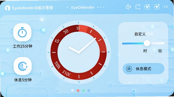 EyeDefender功能示意图，展示计时圆环从满格逐渐减少的过程，旁边有自定义时间滑块与休息模式选项，背景为浅蓝色科技感界面，图标清晰，文字标注“工作25分钟”“休息5分钟”，整体风格明亮简洁，符合健康软件气质