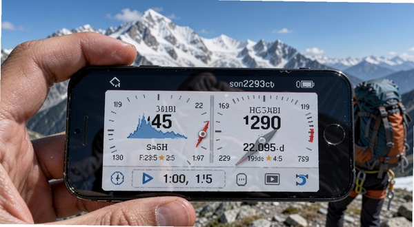 实时高度海拔表 户外登山场景 主界面显示海拔高度与气压数据 手机屏幕特写 背景为雪山与蓝天 写实风格 高清细节