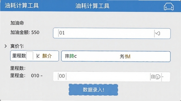 油耗计算工具软件的数据录入界面，显示一个简洁的表单，包含加油金额、单价、里程数等输入框，背景为浅灰色，突出表单的简洁与易用性