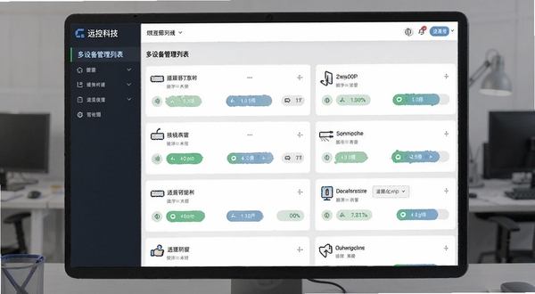 远控科技多设备管理列表界面,展示多台设备在线状态与连接按钮,卡片式布局清晰直观