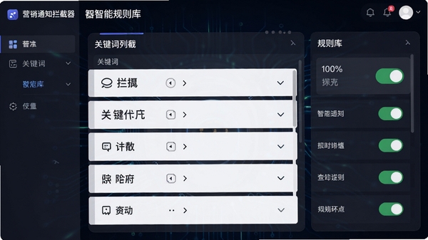 营销通知拦截器智能规则库界面,展示关键词拦截列表和规则开关,背景为深色模式,列表清晰,科技感十足