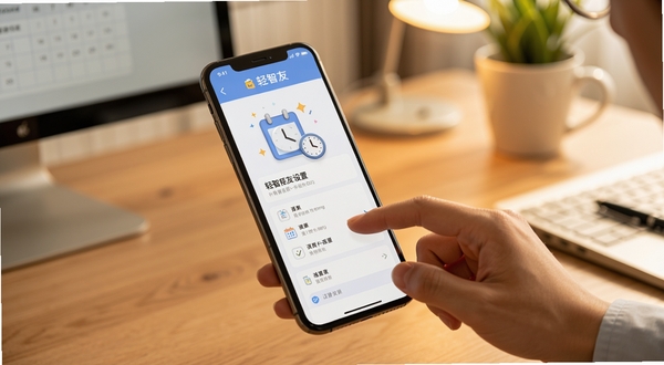 轻智友提醒设置页面生图，画面中一只手正在操作手机，屏幕上显示轻智友的日程提醒设置界面，有日历图标和时钟元素点缀，背景为暖色调办公桌面