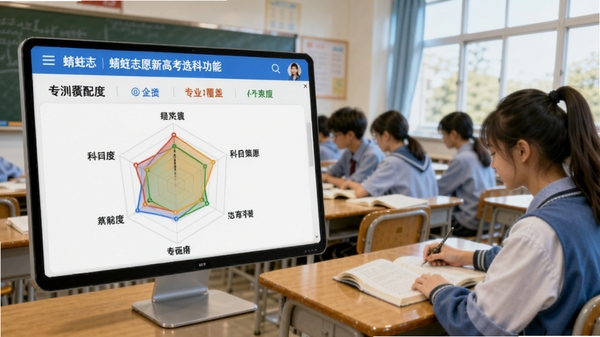 蜻蜓志愿新高考选科功能界面,展示科目组合匹配度雷达图与专业覆盖率,背景为教室与学生学习场景,画面清晰展示选科策略,色调明快