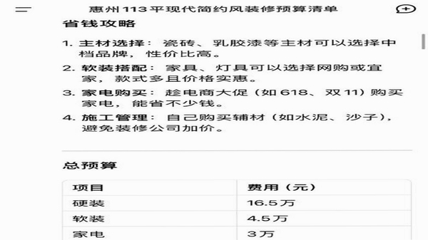 Deep装修设计AI 预算估算界面