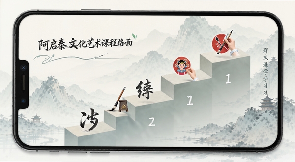 阿启泰文化艺术学习路径界面,手机屏幕展示阶梯式课程模块,每一级台阶上有书法、绘画、戏曲等图标,背景为淡雅水墨渐变,画面清新简洁,突出学习进阶概念