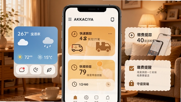 AKKSIYA生活服务聚合界面,展示天气卡片、快递跟踪卡片、缴费提醒卡片,手机屏幕分割布局,背景为暖色生活场景,画面温馨实用