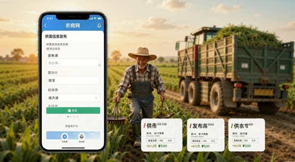 农商网APP供需信息发布页面,展示表单填写界面和已发布的供求卡片,背景为农民在田间劳作和装车场景,画面充满希望感,突出对接功能实用性,手机界面清晰,背景自然虚化