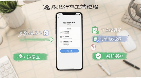 逸品出行车主端使用教程示意图,画面展示手机屏幕上的权限设置界面与订单接收流程,背景为简洁的浅色办公桌面,突出操作指引与避坑要点