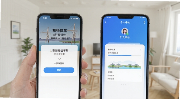 胡杨快车新手设置引导界面,画面展示手机屏幕上的权限开启提示与个人中心页面,背景为简洁的室内环境,风格清晰明快