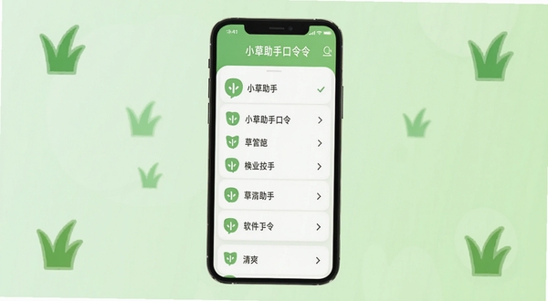 小草助手口令 软件主界面展示,画面中央是手机屏幕,屏幕内显示小草助手口令的清爽列表界面,背景为柔和的浅绿色渐变,周围点缀几株简约小草图标,整体风格扁平化,适配Boogu模型生成