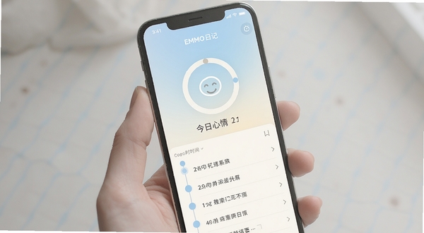 EMMO日记主界面预览图,手机屏幕显示淡雅渐变背景,中间有心情打卡圆环和今日心情表情图标,下方是时间轴布局的日记列表,整体风格清新柔和,色调以浅蓝和米白为主,画面干净通透,竖构图,UI设计感强