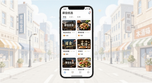 犀信优选本地生活信息聚合界面展示，手机屏幕中央呈现分类清晰的商户卡片列表，背景为浅色城市街区插画，画面明亮整洁