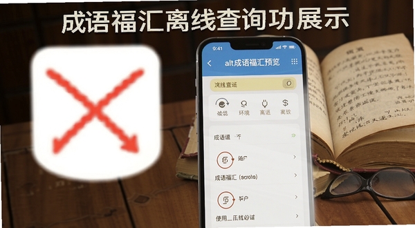 成语福汇离线查询功能展示,画面主体为手机屏幕显示成语查询结果,背景区域为无网络环境图标与书本元素,突出便捷离线使用,alt=成语福汇预览图