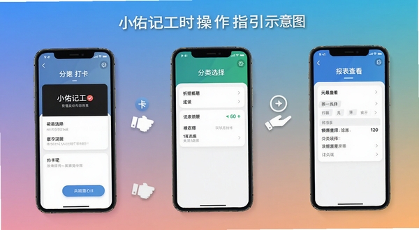 小佑记工时操作指引示意图,手机屏幕分步展示打卡、分类选择、报表查看三个界面,背景为纯色渐变,图标清晰,教学风格,高清渲染