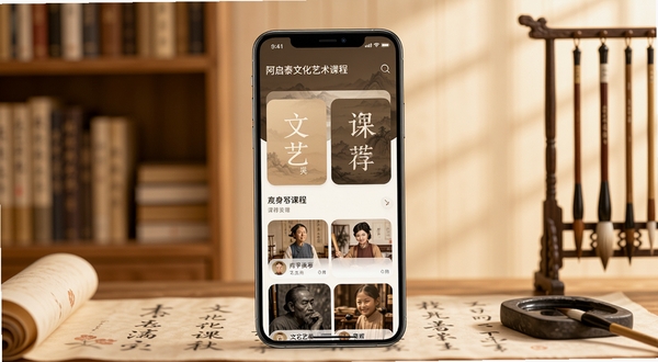 阿启泰文化艺术应用主界面展示,画面中央为手机屏幕正视图,屏幕内显示文化艺术课程分类卡片与推荐内容流,背景为柔和暖色调书架与文房四宝元素点缀,整体风格温润典雅,适配手机壁纸比例