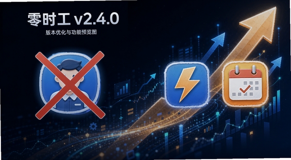 零时工v2.4.0版本升级功能预览图,画面左侧显示旧版问题图标被划掉,右侧是新版闪电速达与日历打卡图标,背景为上升的箭头与数据流动线条,风格科技感强,突出优化与修复主题