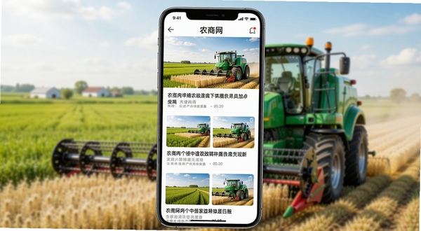 农商网APP新闻资讯页面,展示农业政策新闻列表,配有标题和缩略图,背景为农村田野和现代化农机,画面明亮,突出信息丰富与及时性,手机界面居中,背景虚化处理