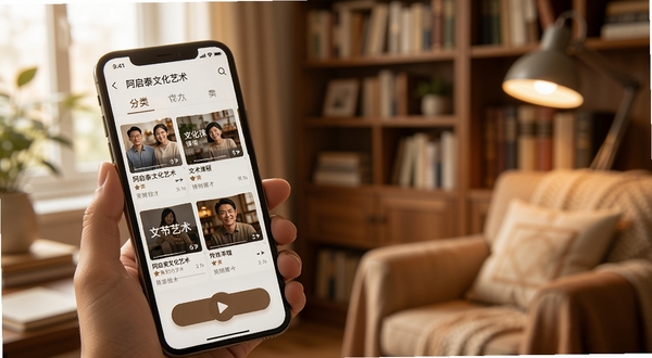 阿启泰文化艺术手机端操作界面,画面展示用户手持手机浏览文化艺术课程,屏幕内清晰可见分类导航与播放按钮,背景为温馨书房环境,光线柔和自然