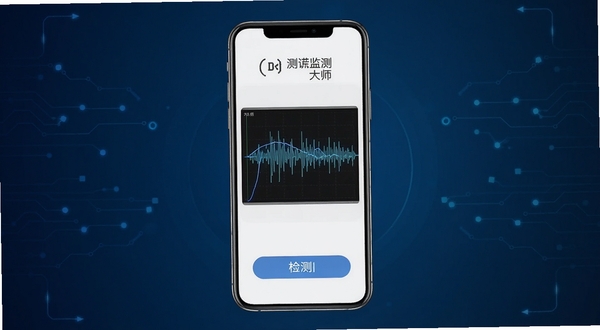 测谎监测大师软件主界面截图，画面中央展示手机屏幕，屏幕内显示声波分析曲线与检测按钮，背景为深蓝色科技感渐变，四周点缀微弱的电路纹理，整体风格简洁现代，突出测谎监测大师的核心功能界面