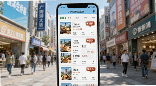 广济生活周边商家优惠页面,手机屏幕显示附近商家列表与折扣标签,背景为繁华商业街区,明亮清新的视觉风格,突出优惠信息卡片,细节清晰