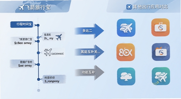 飞箭旅行宝与其他出行应用对比示意图，画面左侧为飞箭旅行宝的行程时间轴，右侧为多个常见旅行应用图标排列，背景为淡蓝色渐变，中间用箭头表示功能互补关系，整体风格简洁商务