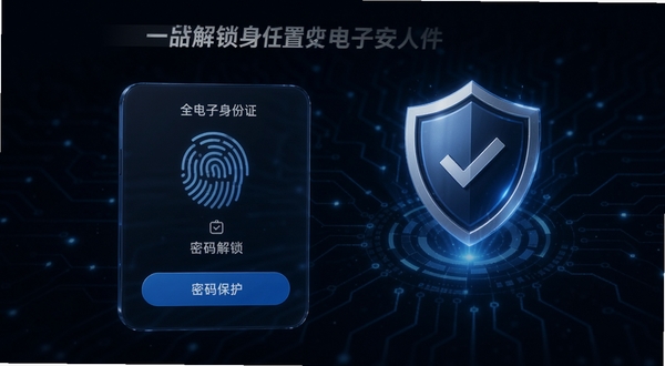 个人电子身份证件 安全设置页面 展示指纹解锁与密码保护选项 盾牌图标点缀 深色背景 科技感风格